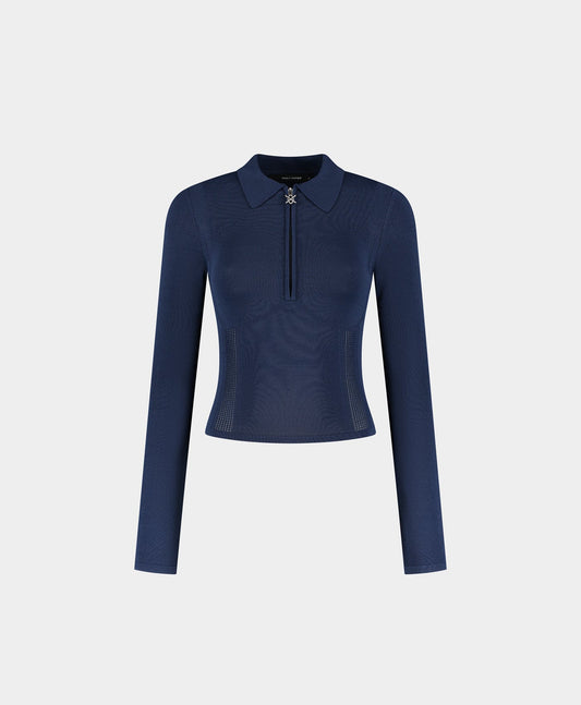 Blue Zip Knit Polo Long sleeve